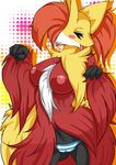 anthro blush breasts canine clothed clothing delphox eyelashes female fennec fox fur half-dressed happy hi_res mammal nintendo nipples open_mouth orange_background orange_eyes orange_fur orange_nose pink_background plain_background pok&#233;mon pok&eacute;mon potchi raised_arm red_fur shadow shiny smile solo standing tongue tongue_out underwear video_games white_background yellow_background yellow_fur 