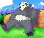  3_toes anthro anthrofied balls bear biceps big_muscles black_nose black_sclera claws cloud clouds eyes_closed fur grass grey_fur hindpaw leaf log mabit male mammal muscles nintendo no_eyes no_pupils outside panda pangoro paws penis pok&#233;mon pok&eacute;mon sheath sitting sky solo spread_legs spreading sunny toe_claws uncut video_games wood 