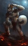  abs ankle_cuffs anthro barefoot biceps brown_hair canine collar cuffs detailed fur grin hair loincloth male mammal metal moon moonlight muscles night night_sky paws pecs pose silverfox5213 sky slave smile solo standing topless wolf 