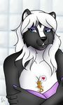  anthro black_skin breasts cleavage clothed clothing crossed_arms dialog diego-kawasaka eyelashes eyeshadow feline female happy looking_away macro makeup mammal micro pictographics purple_nails rainbowskunk shower size_difference skunk text tiger tile twillight 