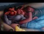 black_nails blue_eyes breasts carrion_(character) clothing couple cuddling dragon ear_piercing eyebrow_piercing eyes_closed facial_piercing female fingerless_gloves food garter gloves helsing hi_res horn hug jeans love male necrodrone_(character) pants piercing red_dragon red_skin room scalie shirt sleeping sofa watching 