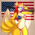  aimi america american_flag anthro bikini black_nose blue_eyes breasts canine cleavage clothed clothing female flag fox fur gun hair looking_at_viewer m16 mammal mayfield multi-colored_hair pose rainbow_hair ranged_weapon solo standing stars_and_stripes swimsuit weapon yellow_fur 