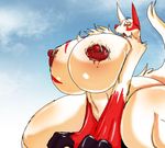  anthro big_breasts breasts chest_tuft claws cleavage female fur huge_breasts markings nintendo nipple_piercing nipples nude open_mouth piercing plain_background pok&#233;mon pok&eacute;mon red_eyes red_markings red_nipples solo thick_thighs thighs tongue tongue_out tuft video_games voluptuous white_fur wide_hips xtrent968 zangoose 