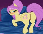  anus bed blue_eyes blush butt cutie_mark equine female feral flat_color fluttershy_(mlp) friendship_is_magic fur hair horse inviting kohtek long_hair looking_at_viewer mammal my_little_pony pegasus pink_hair pony ponytail presenting presenting_hindquarters presenting_pussy purple_hair pussy smile solo wings yellow_fur 