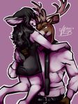  anthro antlers belt black_hair blue_eyes buck_johnson cervine charity clothing deer dress duo female fur hair horn lagomorph male mammal necktie pants pink_background pink_eyes plain_background rabbit rokemi shirt tan_fur white_fur 