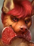  ambiguous_gender anthro canine detailed food fur hair looking_at_viewer mammal meat mouth_hold orange_fur pink_nose portrait red_eyes red_hair rhyu solo steak unknown_species 
