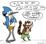  avian bird blue_jay bulge cold dialog english_text humor male mammal mordecai raccoon regular_show rigby shaking speedo swimsuit text 