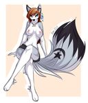  aimi anthro barefoot blue_eyes breasts brown_hair canine clothing cross-eyed crossed_legs female fluffy_tail front fur grey_fur hair long_hair looking_at_viewer mammal multicolor_fur necklace nipples paws plain_background playful pose seductive shorts sitting solo star topless two_tone_fur white_fur 