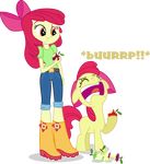  absurd_res apple_bloom_(eg) apple_bloom_(mlp) bow burping clothing equestria_girls equine female feral friendship_is_magic hair hampshireukbrony hi_res horse human mammal my_little_pony pants pony red_hair smile square_crossover vector-brony 