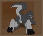  anthro anus backsack balls biceps black_nose butt canine easyspark fur grey_fur hindpaw looking_back male mammal nude pawpads paws plain_background presenting presenting_hindquarters raised_tail solo wolf 