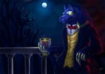  balcony blue_nose bow button canine claws clothing cum drink fenrirwolfen fur glowing grasp happy hi_res holding league_of_legends looking_at_viewer male mammal moon night night_sky outside pants plant raised_arm shadow shiny shirt smile solo standing suit tree warwick were werewolf white_fur wolf wood yellow_eyes 