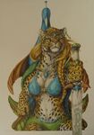  braid breasts claws clothed clothing ear_piercing feline female fur green_eyes hair leopard loincloth looking_at_viewer mammal navel piercing plain_background ring sitting skimpy spotted_fur sword teiirka throne tiara unconvincing_armor weapon white_fur yellow_fur 