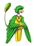  avian beak bird blue_eyes cat feathers feline gem green_hair hair hybrid jewel male mammal nevrean plain_background quzue rakakuza solo standing winged_arms wings 