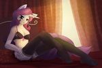  anthro anthrofied bed blue_eyes bra breasts broke-pegasus cleavage clothed clothing curtains cutie_mark equine eyeshadow female friendship_is_magic hair horn horse legwear lingerie lipstick makeup mammal my_little_pony panties pillow pony purple_hair rarity_(mlp) sitting solo stockings underwear unicorn 