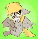  amber_eyes blonde_hair crocelif cutie_mark derpy_hooves_(mlp) english_text equine female feral friendship_is_magic fur green_background grey_fur hair hi_res horse long_hair looking_at_viewer mammal my_little_pony note pegasus plain_background pony sitting smile solo text wings yellow_eyes 