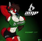  abs big_breasts breasts brown_hair can canine cheryl_west clothing energy_drink female fox hair hand_on_head mammal muscles muscular_female ponytail product_placement shorts solo standing straw sweat wolfjedisamuel 