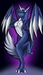  arms_behind_head blue_eyes blue_skin breasts claws dragon feathers female fluffy_tail horn kurtassclear looking_at_viewer navel nipples nude open_mouth purple_background pussy raised_leg solo standing toe_claws tongue wings 