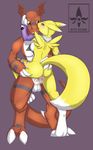  balls breasts canine cum cum_in_pussy cum_inside digimon digitigrade duo erection female fox guilmon interspecies kitty_silence male mammal nipples nude penetration penis plain_background renamon scalie sex standing straight vaginal vaginal_penetration 