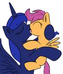  2013 blue_fur blue_hair colored cub duo equine eyes_closed female feral friendship_is_magic hair high-roller2108 holding horn horse kissing lesbian my_little_pony orange_fur pegasus plain_background pony princess_luna_(mlp) purple_hair scootaloo_(mlp) white_background winged_unicorn wings young 