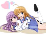  2girls angel_beats! blue_eyes brown_hair fai hug irie_miyuki long_hair purple_eyes purple_hair seifuku sekine_shiori skirt thighhighs wink 