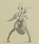  ambiguous_gender antennae anthro arthropod digitigrade front_view insect insectoid loincloth mantis monochrome multi_limb multiple_arms sentientsocks sepia solo sword weapon wide_hips 