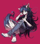  blue_eyes blue_hair canine fur hair headphones kuroda long_hair male mammal music plain_background pose sitting solo white_fur wolf 