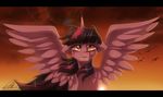  cloud crying dennybutt equine female feral flying friendship_is_magic hair horn horse mammal multi-colored_hair my_little_pony pony purple_hair sad sky sun sunset tears twilight_sparkle_(mlp) winged_unicorn wings 