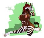  anthro areola bedroom_eyes big_breasts breasts cloven_hooves equine erect_nipples female freckles_(artist) green_eyes hair hooves huge_breasts long_hair looking_at_viewer mammal nipples nude okapi red_hair smile solo sword tattoo weapon 