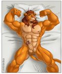  abs amber_eyes anthro balls beard bed biceps big_muscles brown_fur brown_hair da_boz facial_hair feline flexing fur genital_piercing hair lion lying male mammal mane muscles nipples nude on_back orange_eyes pecs penis penis_piercing piercing pillow pink_nose pose presenting prince_albert solo tan_fur toned 