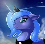  blue_eyes cloud crown cutie_mark equine female feral friendship_is_magic horn horse looking_at_viewer looking_down mammal moon my_little_pony necklace night pony princess_luna_(mlp) shooting_star skyline19 sparkles stars winged_unicorn wings 