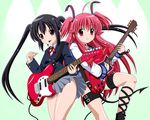  2girls angel_beats! black_hair chain crossover fai guitar instrument jpeg_artifacts k-on! long_hair nakano_azusa pink_eyes pink_hair red_eyes ribbons seifuku skirt tail twintails yui_(angel_beats!) 