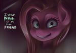  big_ears blue_eyes creepy english_text equine female friendship_is_magic fur gradient_background hair horse long_hair looking_at_viewer mammal my_little_pony phurie pink_fur pink_hair pinkamena_(mlp) pinkie_pie_(mlp) pony portrait signature smile solo soul_devouring_eyes teeth text 