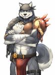  anthro armor bandage bandanna biceps blue_eyes canine dog_tags fur grey_fur loincloth male mammal muscles necklace pecs plain_background pose robbw solo white_background wolf 