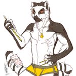  fur lemur male mammal miharushoka orange_eyes plain_background pocky pose primate sketch solo topless underwear white_background white_fur 