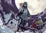  akemi_homura boots bow_(weapon) cape clouds glasses gun hat headband kaname_madoka kyuubee mahou_shoujo_madoka_magica miki_sayaka moon ponytail sakura_kyouko sakuraba_yuuki skirt sword tomoe_mami weapon 