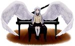  angel angel_beats! instrument kneehighs long_hair piano seifuku skirt tachibana_kanade white_hair wings yellow_eyes 