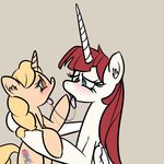  blue_eyes blush brown_eyes colored cutie_mark duo equine female feral friendship_is_magic hair high-roller2108 holding horn horse lauren_faust_(character) mammal mcsweezy my_little_pony open_mouth plain_background pony red_hair saliva tara_strong tongue unicorn winged_unicorn wings 