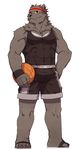 amber_eyes anthro bandanna basketball bear biceps big_muscles black_nose bulge chest_tuft claws clothing footwear fur grey_fur grin male mammal muscles pecs plain_background pose robbw sandals shirt smile solo standing tank_top toe_claws toned tuft white_background 