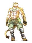 anthro armor barefoot belt biceps big_muscles black_fur black_nose body_markings bracers claws clothing feline fur gloves greaves green_eyes looking_at_viewer male mammal markings muscles necklace pants pecs plain_background pose robbw solo standing stripes suspenders tan_fur tiger toe_claws toned topless white_background white_fur 