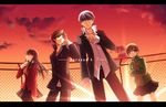  amagi_yukiko black_eyes black_hair brown_eyes brown_hair clouds gray_eyes gray_hair group hanamura_yousuke headphones mayokichi narukami_yuu persona persona_4 satonaka_chie seifuku short_hair sky sunset 