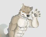  amber_eyes anthro biceps brown_fur canine chest_tuft coyote fur huka male mammal plain_background pose raised_arm solo topless tuft wave 