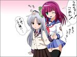  2girls angel_beats! fai gray_hair green_eyes headband jpeg_artifacts long_hair nakamura_yuri red_hair seifuku skirt tachibana_kanade thighhighs wink yellow_eyes 