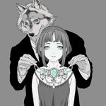  canine duo female gabadon green_eyes grey_background human looking_at_viewer male mammal monochrome necklace plain_background wolf 