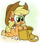  applejack_(mlp) bag blonde_hair cowboy_hat cute eating equine feed_bag female feral freckles friendship_is_magic green_eyes hair hat hi_res horse killryde long_hair mammal my_little_pony navel plain_background pony sitting smile solo white_background young 