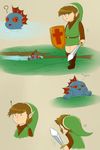  ! &lt;3 ? brown_hair female hair hat link lips male pointy_ears river_zora shield sword the_legend_of_zelda timoteihiv video_games water weapon 