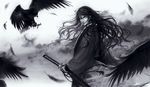  animal bird feathers japanese_clothes katana long_hair male monochrome original sun_dou sword weapon 