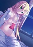  absurdres blanket blonde_hair breasts cup curtains dutch_angle flower green_eyes hair_flower hair_ornament head_tilt highres holding kanemoto_akari long_hair medium_breasts mug navel noble_works open_clothes open_mouth solo window yuzu_modoki 