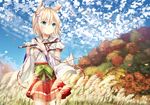  animal_ears blonde_hair blue_eyes bow flute foxgirl grass instrument japanese_clothes miko morerin original ribbons short_hair skirt tail 