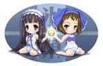  2girls barefoot black_hair bow brown_hair chibi chitanda_eru choker headdress hyouka ibara_mayaka long_hair mao_(6r) pink_eyes purple_eyes ribbons short_hair 