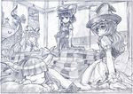  bow chain drink food hakurei_reimu hat horns ibuki_suika japanese_clothes jpeg_artifacts kirisame_marisa long_hair miko monochrome morichika_rinnosuke short_hair sketch sleeping touhou yakumo_yukari zaxzero 